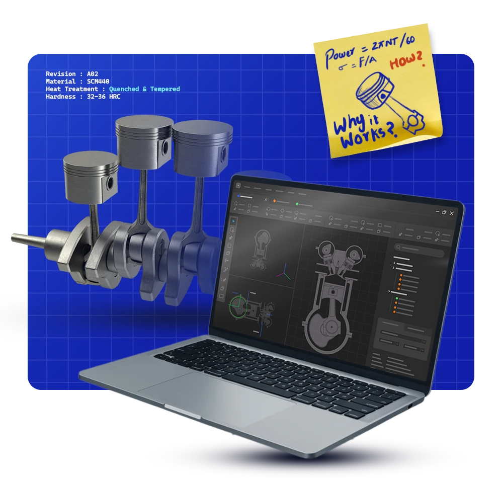 Laptop displaying a CAD engine model alongside a crankshaft and pistons, representing mechanical engineering, product design, and technical learning.